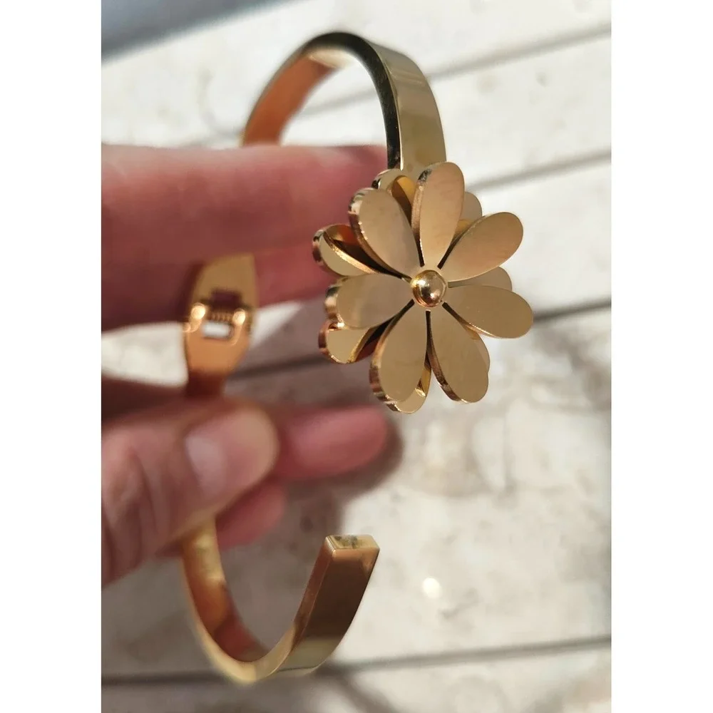 6 inch Titanium‎ Gold Plated Flower Bracelet Cuff